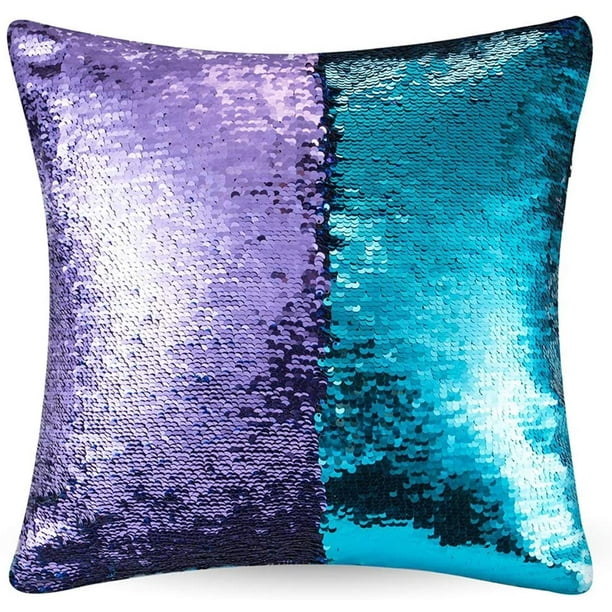 Midnight Blue Magic Purple 14" Mermaid Sequin Throw Pillow Color Changing